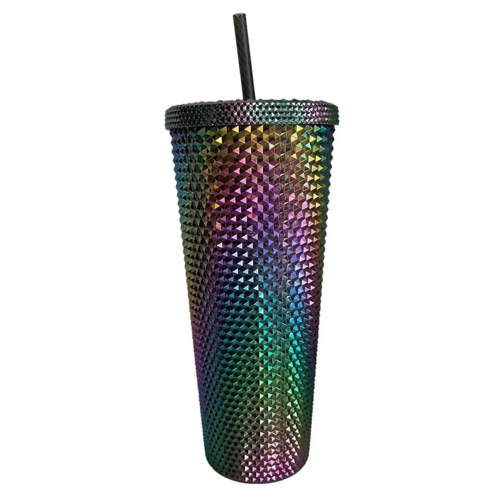 NWT Starbucks OIL SLICK Cold Cup Venti BLACK BLING Tumbler Rainbow Studded 2023